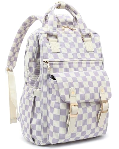 Laptop Backpacks for Women, Corduroy High School College Bookbag 15.6 Inch Laptop Bags for Girls Travel Daypack - Checkered Purple - color: Checkered Purple