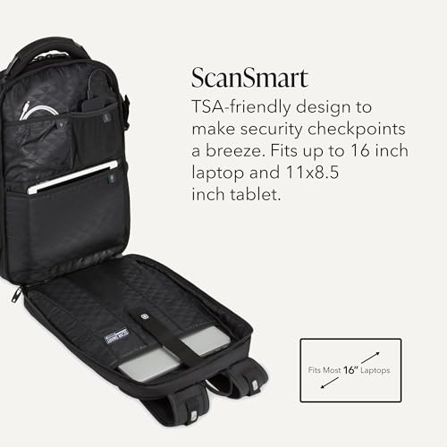 SwissGear Travel Tech Elite Laptop Backpack – Fits Laptops up to 16” – ScanSmart TSA-Friendly Backpack with USB Port, Shoe Compartment & Organizer Pockets – Black - color: Black, style: Travel Tech Elite