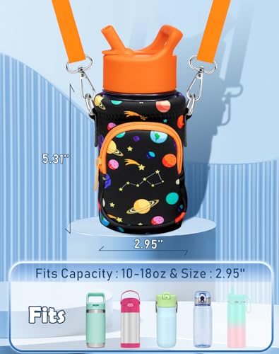 Miss Adola Water Bottle Carrier with Strap - Insulated Kids Water Bottle Holder for Boys Girls Bottle Bag for 10-18Oz - color: Orange Planet