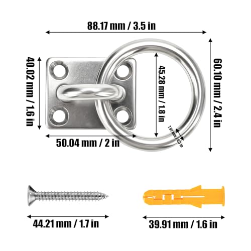 AccEncy 2Pcs M8 Stainless Steel Extra Large Heavy Duty Ring and Square Wall Mount Ceiling Indoor/Outdoor Hooks