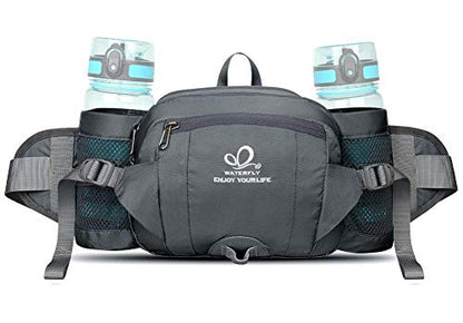 WATERFLY Fanny Pack Waist Bag: Fannie Pack 2 Water Bottle Holders Lumbar Belt Hiking Walking Running Jogging Camping Large Woman Man (Bottle Not Included) - color: Gray