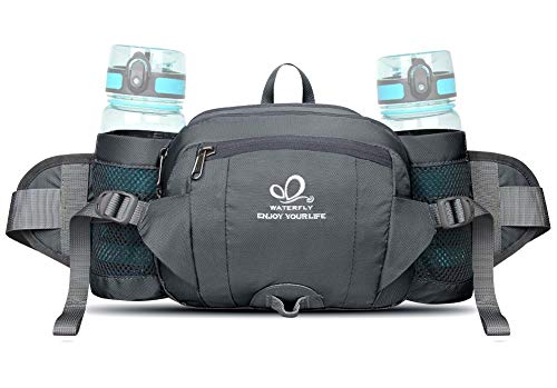 WATERFLY Fanny Pack Waist Bag: Fannie Pack 2 Water Bottle Holders Lumbar Belt Hiking Walking Running Jogging Camping Large Woman Man (Bottle Not Included) - color: Gray
