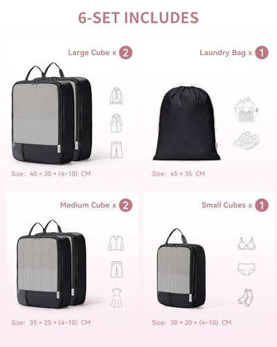 Narwey 6 Set Compression Packing Cubes for Travel, Lightweight Expandable Luggage Organizer Bags, Durable Space Saver Bags (Black) - color: Black