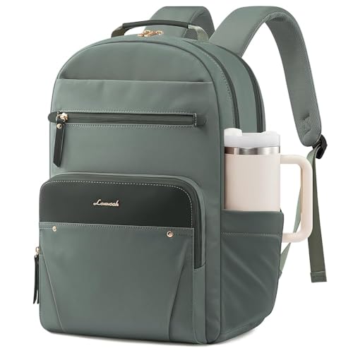 LOVEVOOK Laptop Backpack for Women with Leather Trim & Tumbler Pockets, 17.3" Work Backpack Purse, Travel Personal Item Bag, Carry On Business Computer Bag for Office, School, or Gift, Sage Green - color: Sage Green, size: 17.3 inches