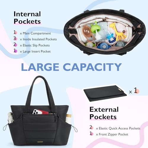 mommore Diaper Bag Tote with Stroller Organizer Puffer Bag Large Capacity Baby Bag with Changing Pad for Travel, Hospital - color: Black