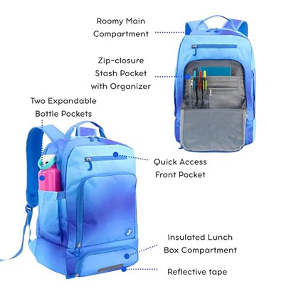 J World New York 2-in-1 Insulated Backpack Lunch Box for Kids. Adult School Bookbag, Blue Gradient, 17 x 13 x 9 Inches - color: Blue Gradient
