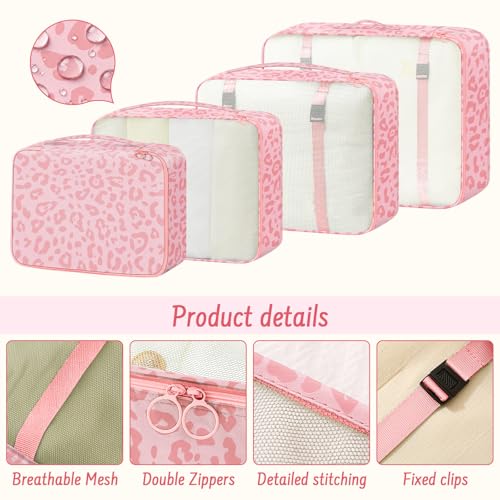 9 Set Packing Cubes for Travel Essentials - Lightweight Carry-On Luggage Organizer Bags with Shoe, Clothes & Laundry Bags for Airplane, Family & Business Travel, Pink leopard print - color: Pink leopard print
