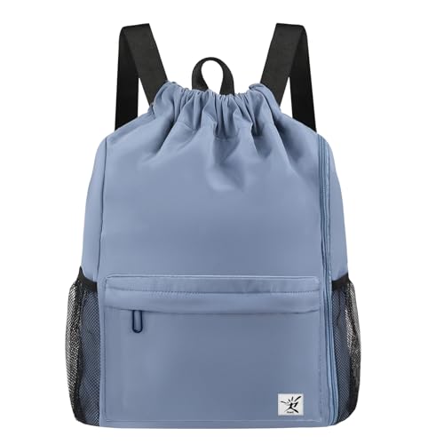 Drawstring Backpack with Mesh Pockets String Gym Bag Sackpack Sandproof Water Resistant Beach Backpack for Men Women - color: Slate Gray