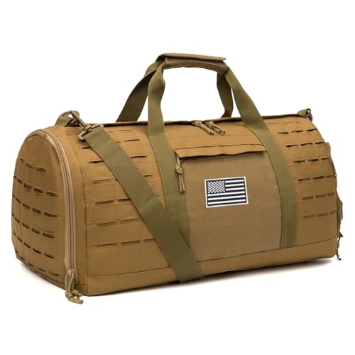 QT&QY 40L Military Tactical Duffle Bag For Men Sport Gym Bag Fitness Tote Travel Duffle Bag Training Workout Bag With Shoe Compartment Basketball Football Weekender Bag - color: Tan