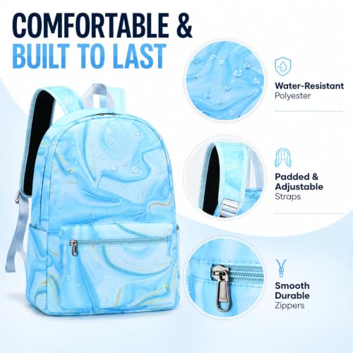 LOIDOU Backpack for Teen Girls Bookbags School Backpack with Lunch Box and Pencil Case 3 in 1 School Bags Set - color: Marble Blue