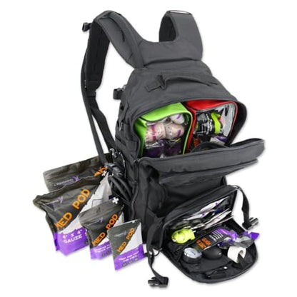 Lightning X Stocked Modular Trauma & Bleeding First Aid Responder Medical Backpack + Kit + Hydration Bladder - Black - color: Black W/ Hydration Bladder