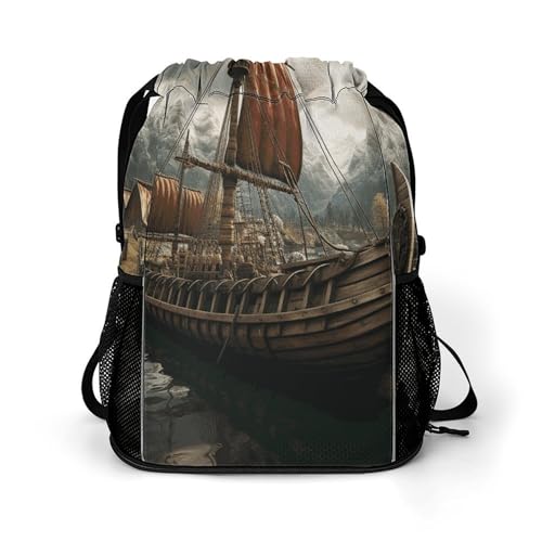 Drawstring Gym Backpack with Shoe Compartment And Wet Pocket, 28L Lightweight Waterproof Old Boat Sports Backpack for Workout Swim Beach Travel String Bag for Men Women