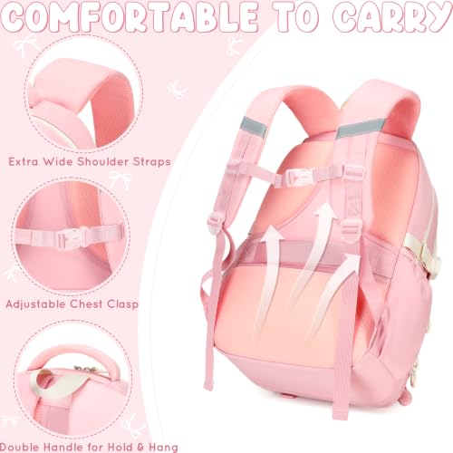 Kids Backpack for Girls, 3PCS School Backpack Set with Insulated Lunch Box & Pencil Case, Waterproof Lightweight Bookbag for Elementary & Middle School, Cute Bow Travel Daypack Pink-Beige - color: Pink-beige