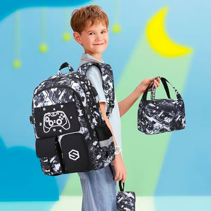 Scothen Boys Backpack, Cool Luminous School Backpack with Lunch Bag & Pencil Case, Kids Backpack for Kindergarten to Middle School, Black Graffiti, 25L, USB Charging Port - color: Black Graffiti