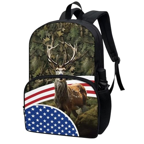 Talayituse Deer Camo American Flag Print Kids School Backpack for Boys Girls Kindergarten Middle School Backpacks Casual Travel Daypack Junior School Student Backpack Rucksack with Adjustable Straps - color: Deer Camo American Flag