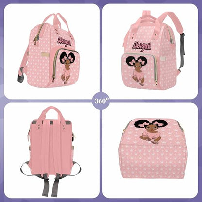 Newcos Personalized Crown Print Diaper Bag with Name Custom Africa Black Women Nappy Bags Travel Casual Mummy Backpack for Mom Women Pink - color: 230112-2