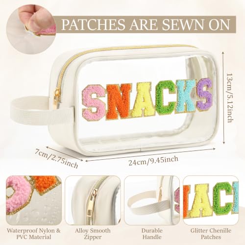 Kacctyen Clear Beach Swim SPF Makeup Bag Preppy Chenille Letter Cosmetics Nylon Toiletry Waterproof Makeup Travel Pouch Snack Bags for Women (White,Snacks) - color: White, style: Snacks