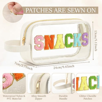 Kacctyen Clear Beach Swim SPF Makeup Bag Preppy Chenille Letter Cosmetics Nylon Toiletry Waterproof Makeup Travel Pouch Snack Bags for Women (White,Snacks) - color: White, style: Snacks