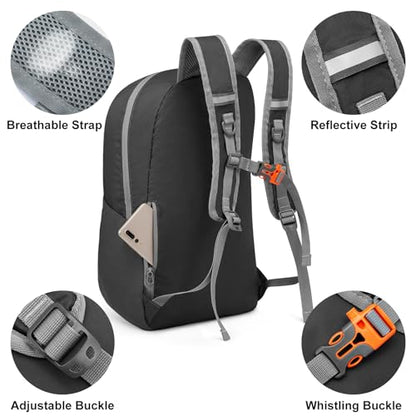 G4Free 24L Lightweight Packable Hiking Backpack Sport Travel Daypack Water Resistant for Women Men - color: Black