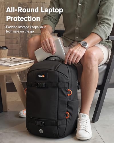 Tolaccea Travel Backpack 30L Laptop Carry On TSA Approved for Commute Trips | 100% RPET Recycled Fabric | EVA-cushioned Laptop Protection | TSA 180° Lay-flat Opening | Reinforced Stability Base Panel - color: Black