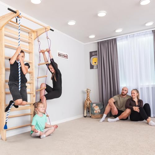 Swedish Ladder Wall Bars with Pull-Up Bar, Dip Station & Accessories for Kids and Adults – Wooden Stall Bars Home Gym with Gymnastic Rings, Rope, Swing & Climbing Ladder
