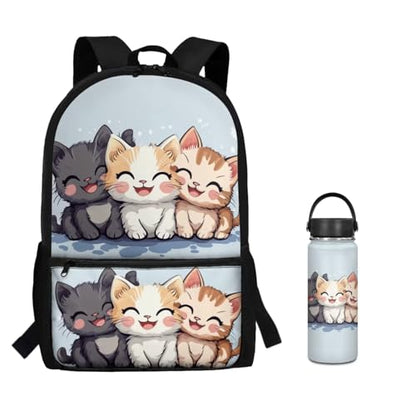 ZOUTAIRONG Cute Cat School Bag and Insulated Water Bottle, School Bags for Girls Boys 7-10/10-12/12-16, Casual Backpack with Side Pockets - color: Cute Cat