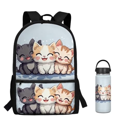 ZOUTAIRONG Cute Cat School Bag and Insulated Water Bottle, School Bags for Girls Boys 7-10/10-12/12-16, Casual Backpack with Side Pockets - color: Cute Cat