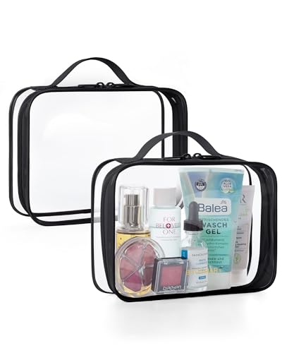BAGSMART Clear Toiletry Bag, TSA Approved Travel Toiletry Bag Carry On Travel Accessories Bag Airport Airline Quart Size Bags water-resistant Makeup Bag for Women - color: Active Black-with handle+180° open, size: 2 Pack, Medium