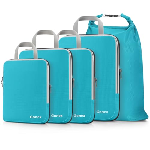 Gonex Compression Packing Cubes, 5pcs Expandable Storage Travel Luggage Bags Organizers with Laundry Bag (Blue) - color: 5-Blue, size: 5 Set