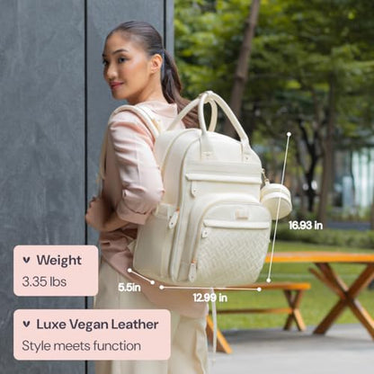 BabbleRoo Leather Diaper Bag Backpack - Baby Essentials Travel Baby Bag, Multi function, Water Resistant, with Changing Pad, Stroller Straps & Pacifier Case – Unisex, Eggshell White - color: Vegan Leather Eggshell White, size: Large