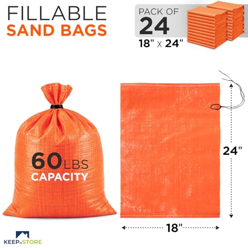 Heavy Duty Sand Bags Pack of 24, Bright Orange Empty Sandbags with Built-In Ties, Woven Polypropylene UV Protection 1600 Hours, Fillable Bags for Flood Control, Weight, 18x24 inches, 60 Pounds Volume - size: 18"W x 24"L, style: Pack of 24