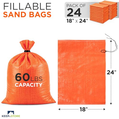 Heavy Duty Sand Bags Pack of 24, Bright Orange Empty Sandbags with Built-In Ties, Woven Polypropylene UV Protection 1600 Hours, Fillable Bags for Flood Control, Weight, 18x24 inches, 60 Pounds Volume - size: 18"W x 24"L, style: Pack of 24