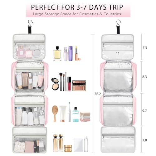 Bosidu Hanging Travel Toiletry Bag,Large Capacity Cosmetic Travel Toiletry Organizer for Women with 4 Compartments & 1 Sturdy Hook,Perfect for Travel/Daily Use/Christmas - color: M-light pink