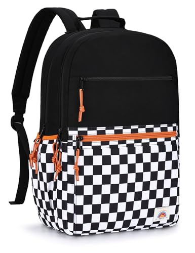 VASCHY School Backpack, Lightweight Classic Cute Aesthetic Bookbag Daypack for Teen Boys Girls Traveling/Gym/Middle School Black Plaid - color: Black Plaid-l, size: Large-17in