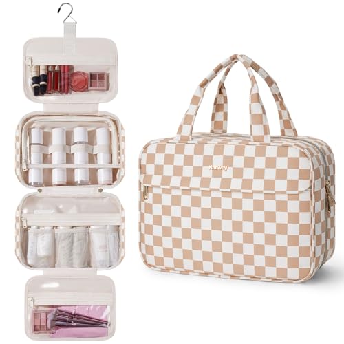 Narwey Hanging Travel Toiletry Bag for Women Checkered Makeup Bag Organizer Cosmetic Make up Toiletries Bag for Travel Essentials Accessories (Light Brown Checkerboard, Large) - color: Light Brown Checkerboard, size: Large