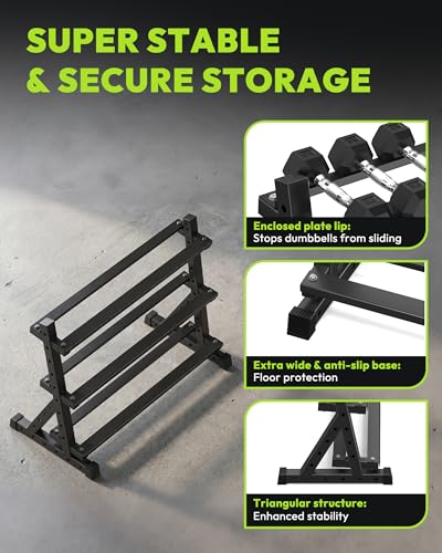HANDBODE 3-Tier Dumbbell Rack Stand, 1000LB Capacity Storage Rack, Weight Rack for Dumbbells, Kettlebell, 390–700 lb Rubber Coated Fixed Weight Sets, Home Gym Strength Training Equipment - color: 600 lb Set (10-65 lb) *2 & Rack