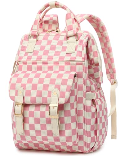 Laptop Backpacks for Women, Corduroy High School College Bookbag 15.6 Inch Laptop Bags for Girls Travel Daypack - Checkered Pink - color: Checkered Pink
