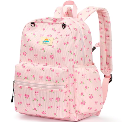 STEAMEDBUN Corduroy Kids Backpack for Girls and Boys 5-8: Girls Backpack for Elementary Kindergarten - 15 inch Cute Backpacks for Kids - Rose - color: Bow Rose Corduroy, size: SMALL-15"H(fit folder)