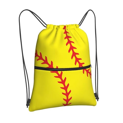 Outdoor Sports Softball Drawstring Backpack, Waterproof Drawstring Bag for Gym Sports Teams Softball Party, Men Women Durable Yellow Sackpack Bag with Front Zipper Pocket and Inside Zipper Pocket - color: Softball