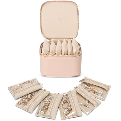VLANDO Small Jewelry Box Organizer,Travel Jewelry Storage with 6 Velvet Jewelry Zipper Pockets,Travel Jewelry Case Birthday Gifts for Women Girls(Khaki) - color: 6PCS-Khaki
