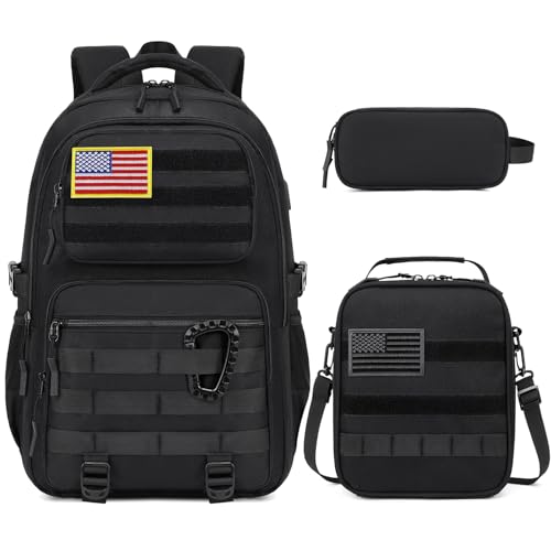 Camo Backpack for Boys, Tactical Boys Backpack with Lunch Box Pencil Case, Kids Backpacks with USB Charging Port, Military Army School Bookbag for Teen Boy Elementary Middle High School Camp - color: Black