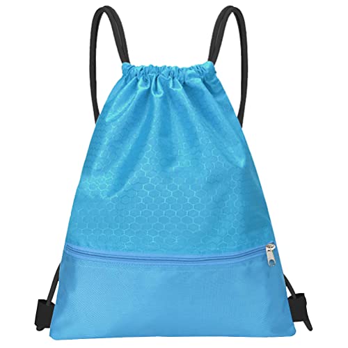 Drawstring Backpack Bag, Waterproof Draw String Back Sack with Zip Pocket, Gym Drawstring Bags Swim Bag for Men Women - color: Light Blue, Ordinary
