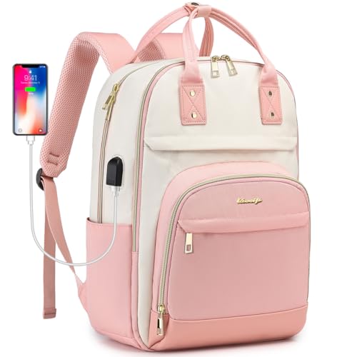Laptop Backpack for Women College Bookbag: 17.3 Inch Cute Work Backpacks with USB Charger Waterproof Stylish Womens Computer Bag for Teachers Nurses Casual Business Travel Back Pack (Pink Beige) - color: Beige Pink, size: 17.3 Inch