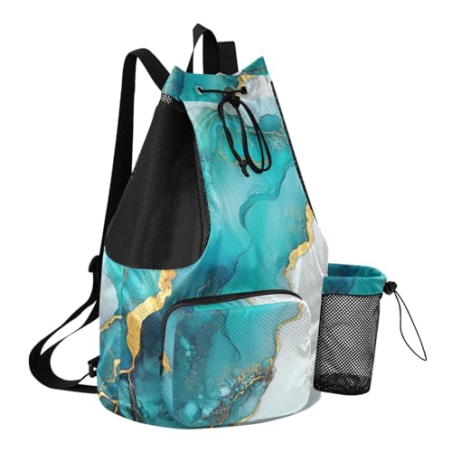 Drawstring Beach Bags Pool Bag With Water Bottle Pocket Cinch Back Sack Wet and Dry Separation Turquoise White Marble - color: Color 21