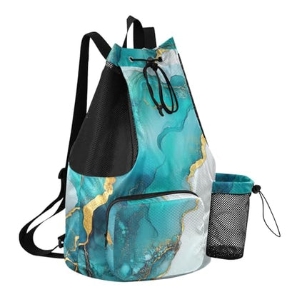 Drawstring Beach Bags Pool Bag With Water Bottle Pocket Cinch Back Sack Wet and Dry Separation Turquoise White Marble - color: Color 21