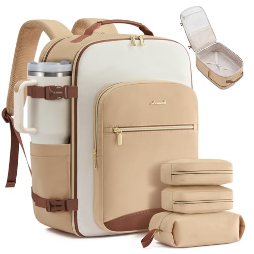 LOVEVOOK 40L Travel Backpack for Women & Men, Airline Approved Carry On Luggage with 3 Packing Cubes, TSA Overnight Bags, Waterproof Personal Item Bag, Weekender Essentials Backpacks fits 17" Laptop - color: Beige Yellow-beige-brown, size: Large