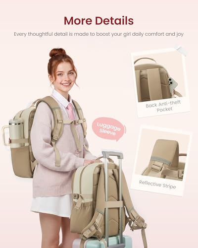 LOVEVOOK School Backpack for Teen Girls, Unique Style College Student Backpacks with Large Cup Holder, Cute Kid Bookbag with Pens Compartment, Large Capacity Back to School Backpack Fit 15.6'' Laptop - color: Khaki Beige, size: Medium
