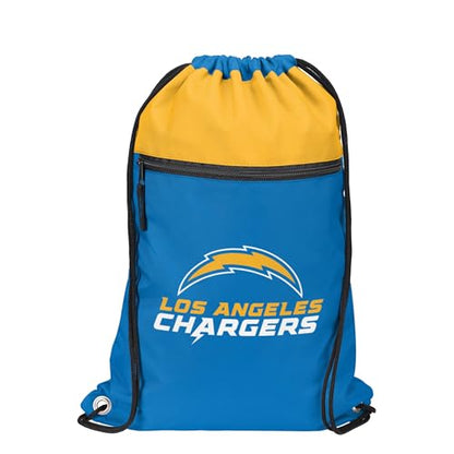 FOCO NFL Officially Licensed Unisex Team Color Football Primary Logo Wordmark Drawstring Backpack With Zippered Pocket - Los Angeles Chargers - color: Los Angeles Chargers