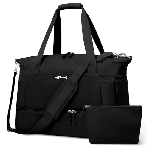 Gym Bag for Women, 45L Carry On Travel Duffel Bag with Shoes Compartment, Weekender Overnight Bag with Wet Pocket for Women, Travel, Gym, Weekend, Large Size - color: Black, size: Large