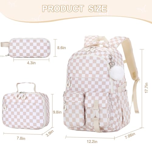 DIGOBAY 3PCS Girls Backpack for School, Kids Backpack for Girls with Lunch Bag Pencil Case, Kids Bookbag Teen Girl Backpacks for Elementary Middle High College School (Khaki Checkered) - color: Khaki Checkered